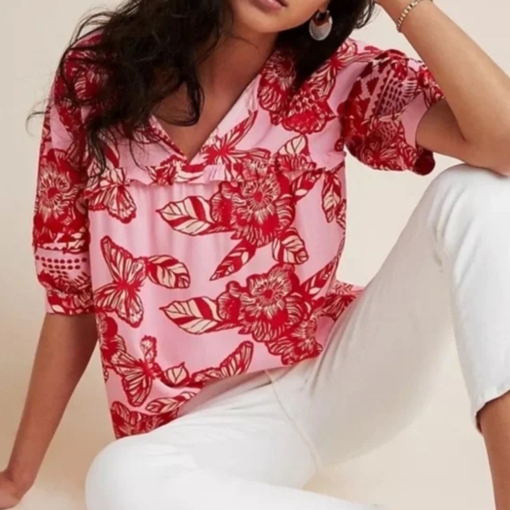 Veneet Bahl blouse from Anthropologie pink white and red floral size XS
